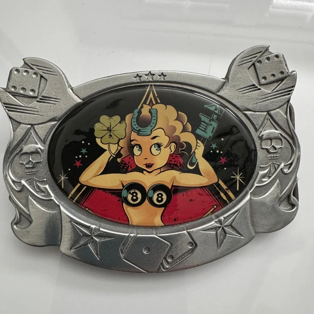 D. Vicente Pin Up Girl Lucky Horseshoe Dice 8 Ball Belt Buckle Made in Mexico
